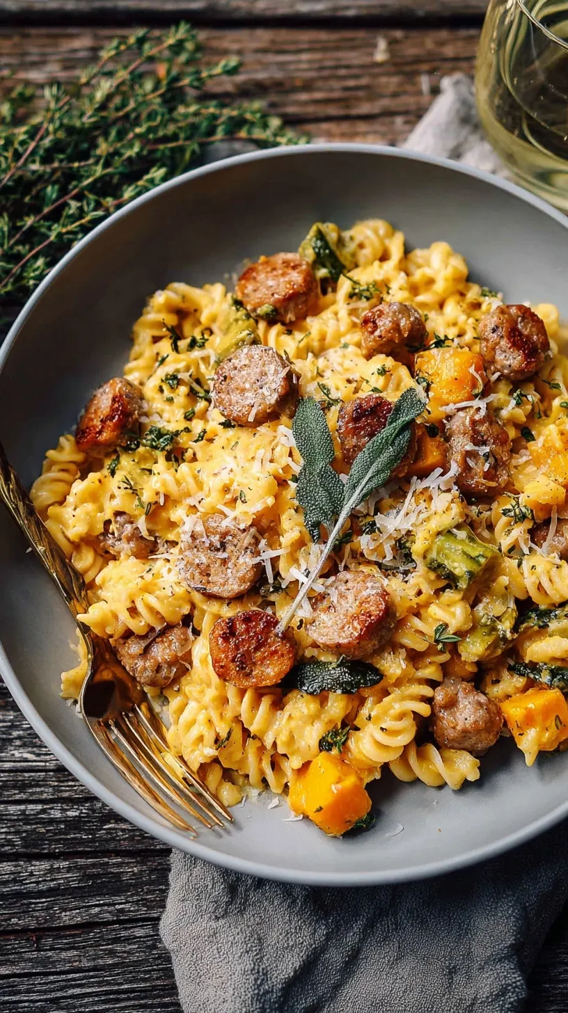 A bowl of penne pasta with browned sausage, golden butternut squash, and a creamy sage sauce.