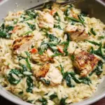 A skillet of creamy boursin orzo with golden chicken and fresh spinach