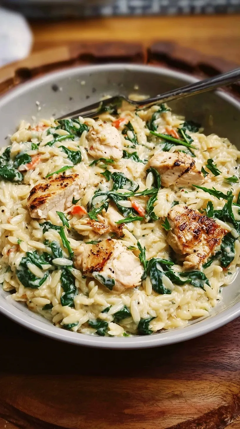 A skillet of creamy boursin orzo with golden chicken and fresh spinach