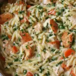 A white bowl filled with creamy orzo, shredded chicken, peas, and carrots, topped with fresh herbs and parmesan.