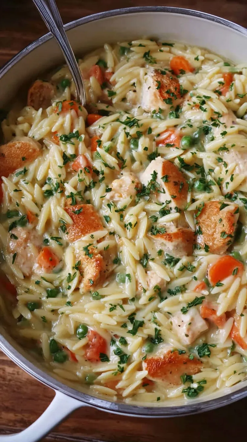 A white bowl filled with creamy orzo, shredded chicken, peas, and carrots, topped with fresh herbs and parmesan.