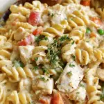 A large skillet filled with creamy rotini pasta, chicken cubes, peas, and carrots