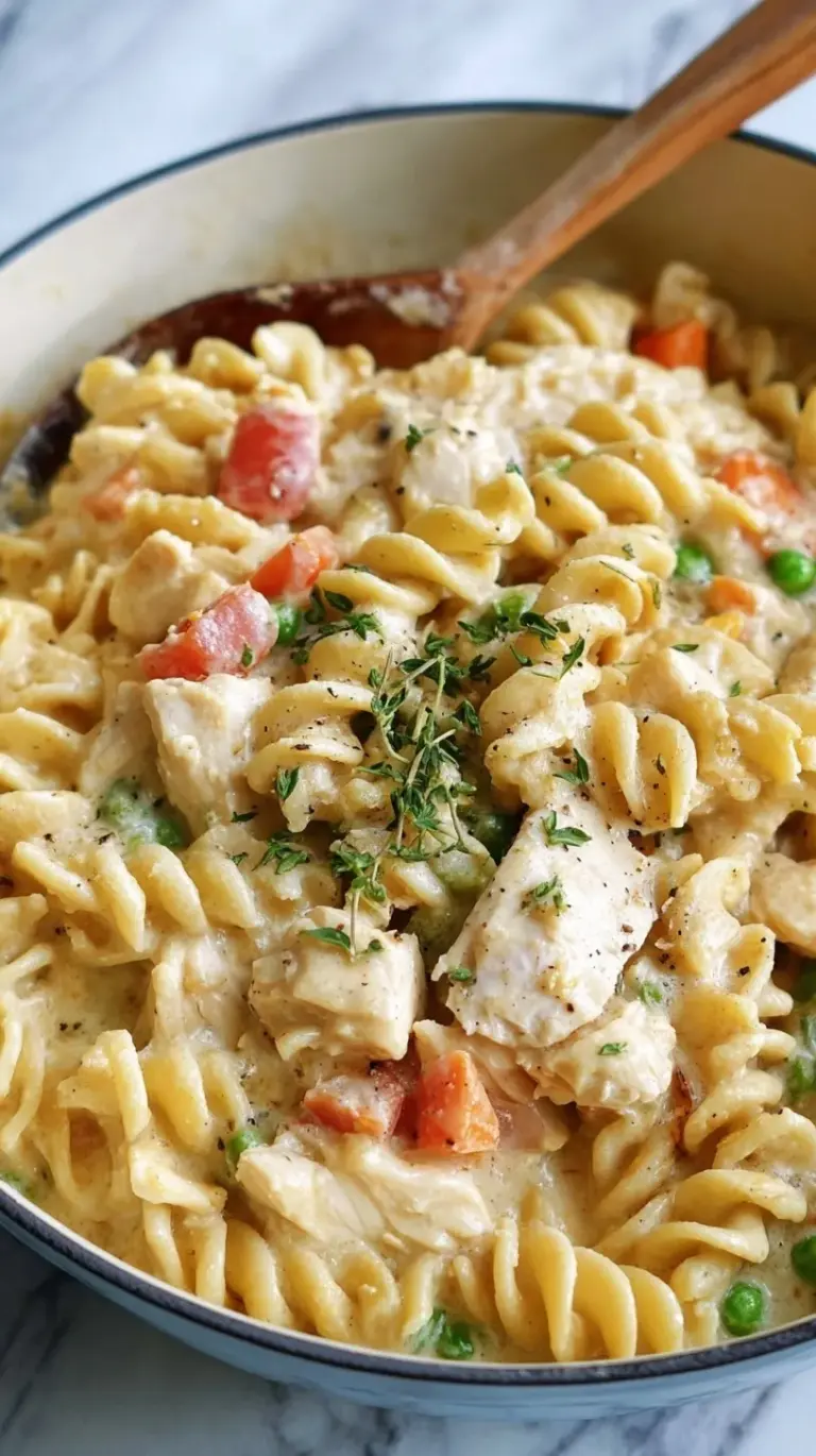 A large skillet filled with creamy rotini pasta, chicken cubes, peas, and carrots