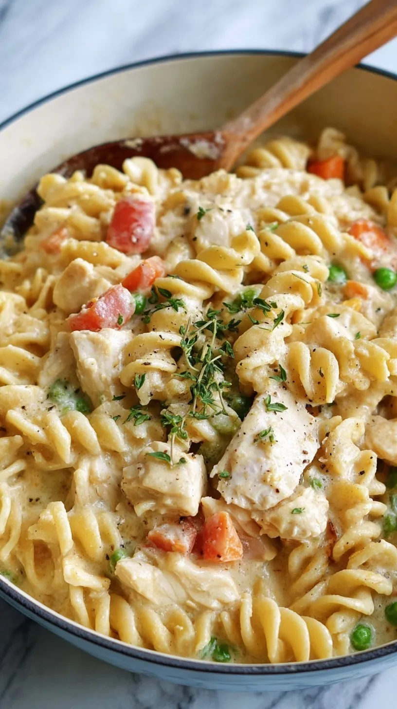 A large skillet filled with creamy rotini pasta, chicken cubes, peas, and carrots
