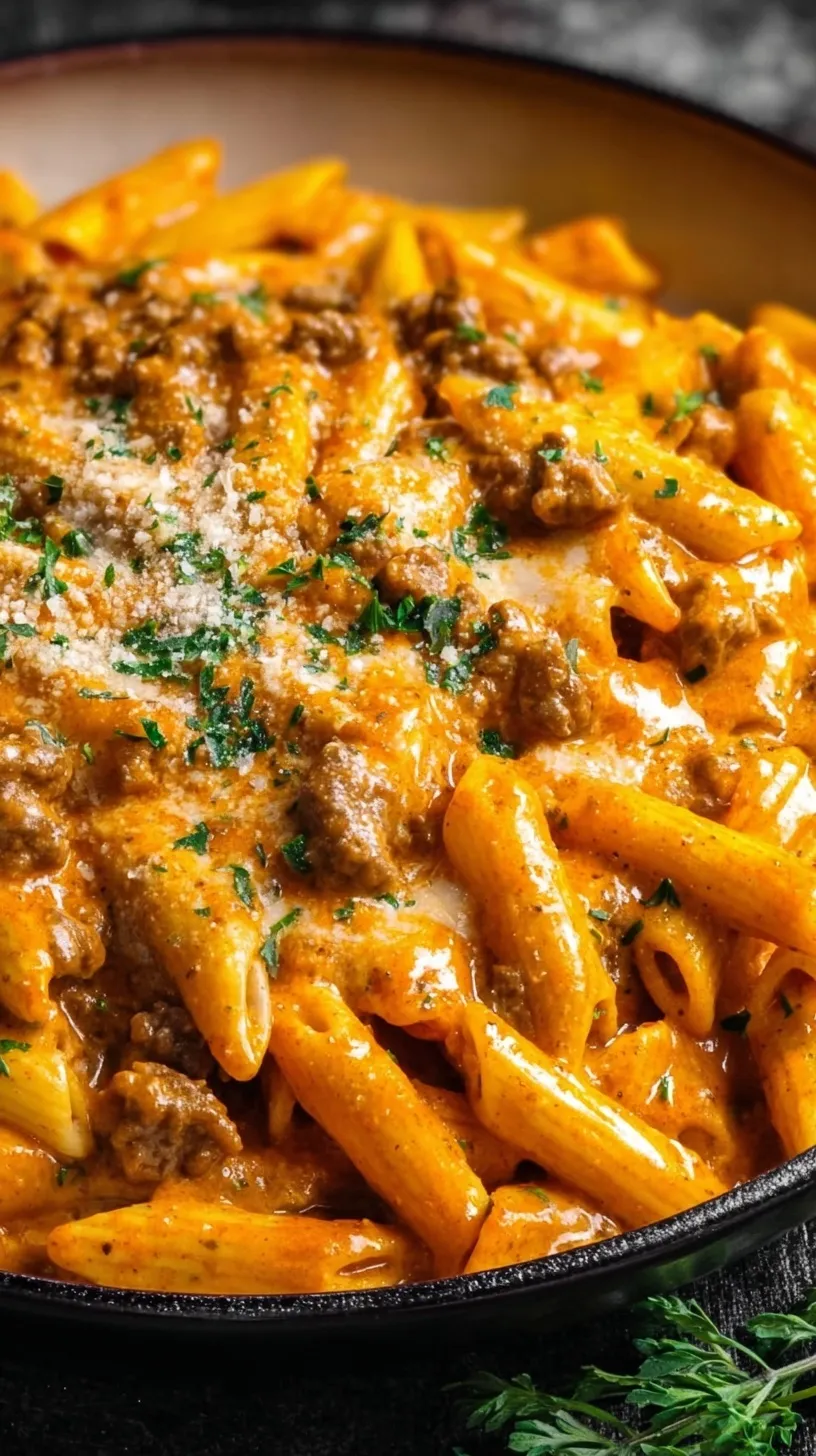 A bowl of creamy high protein beef pasta with parmesan cheese and fresh herbs