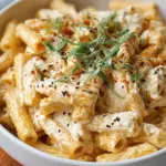 A bowl of creamy pasta with spinach and red pepper flakes