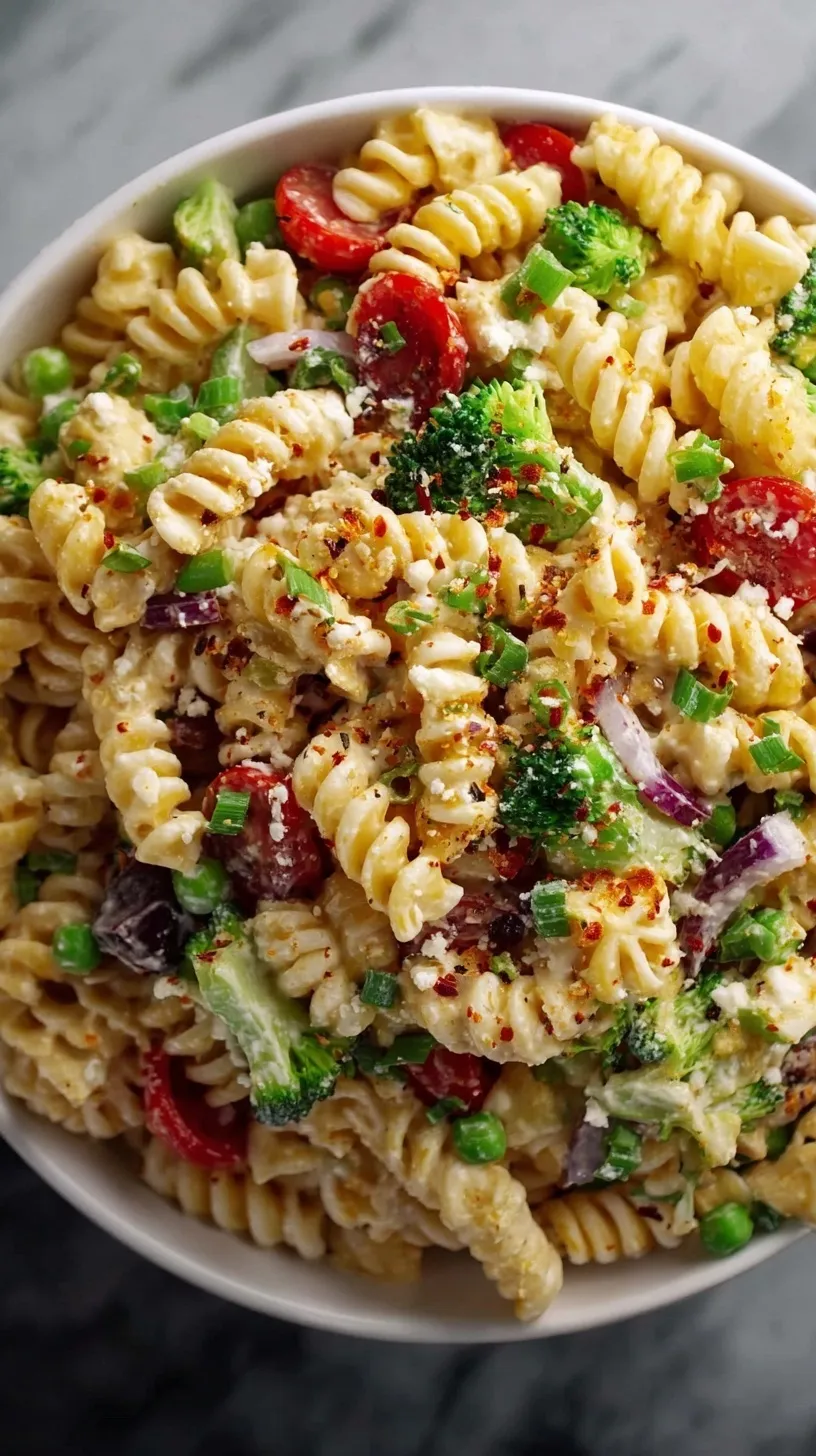 A bowl of creamy high protein pasta salad with chickpea rotini, peas, and chicken
