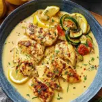 Golden pan-seared chicken breasts drizzled with a silky lemon butter cream sauce and fresh parsley.