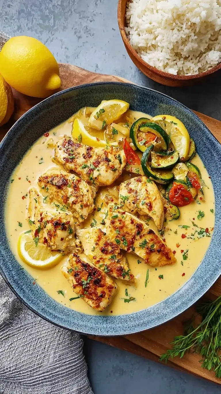 Golden pan-seared chicken breasts drizzled with a silky lemon butter cream sauce and fresh parsley.