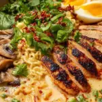 A steaming bowl of creamy ramen with sun-dried tomatoes, spinach, and chicken in a rich parmesan sauce.