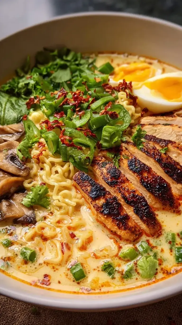 A steaming bowl of creamy ramen with sun-dried tomatoes, spinach, and chicken in a rich parmesan sauce.