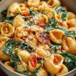 A bowl of creamy chicken pasta with spinach and parmesan cheese.