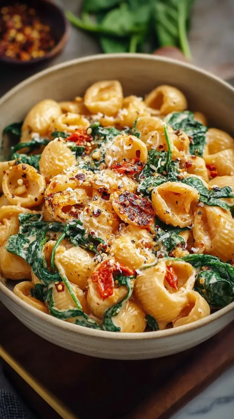 A bowl of creamy chicken pasta with spinach and parmesan cheese.