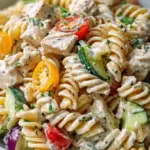 A large bowl of creamy ranch protein pasta salad with chicken and colorful vegetables