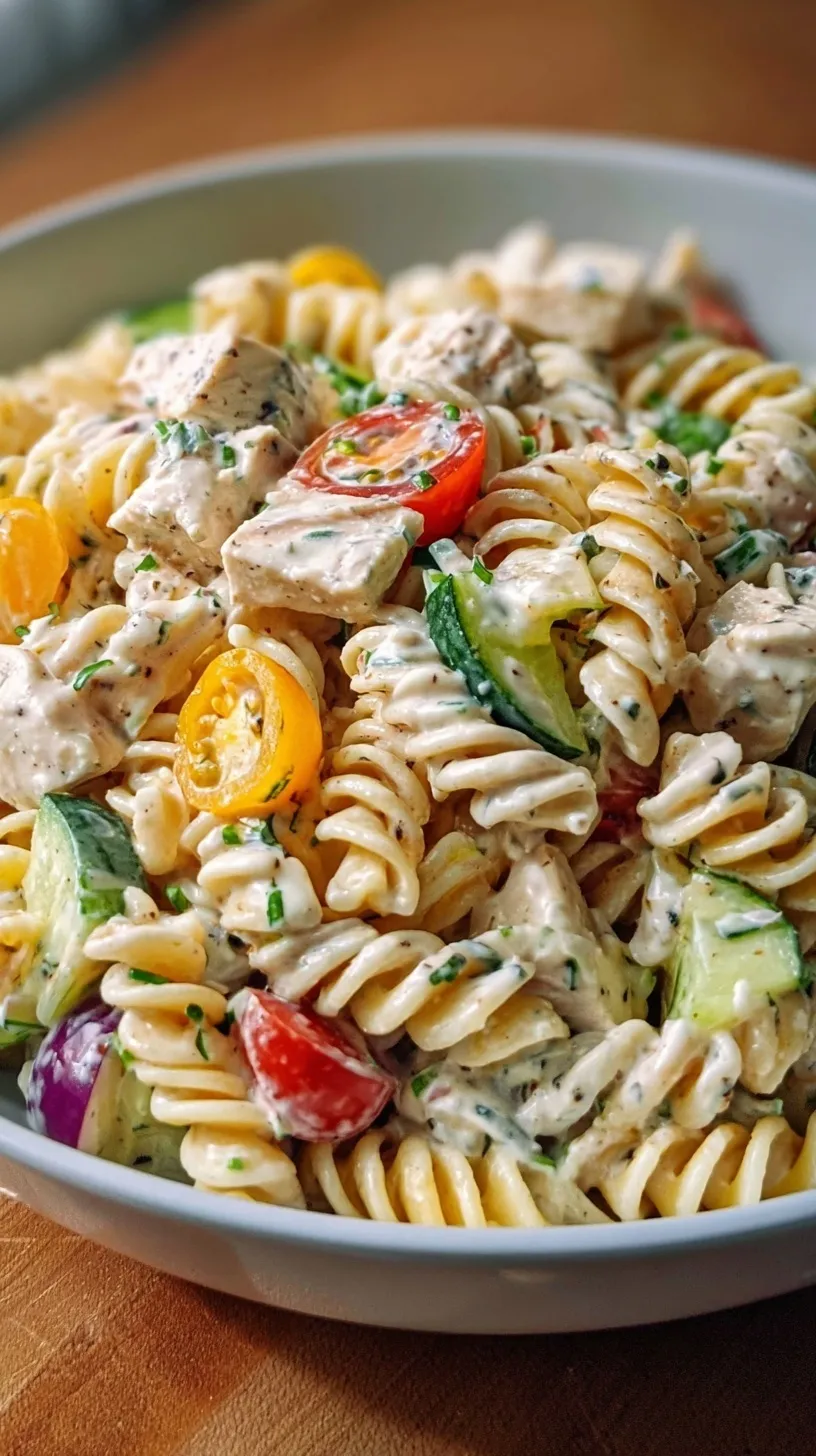 A large bowl of creamy ranch protein pasta salad with chicken and colorful vegetables