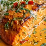 Pan-seared salmon fillets resting in a vibrant orange creamy red pepper sauce with green spinach.
