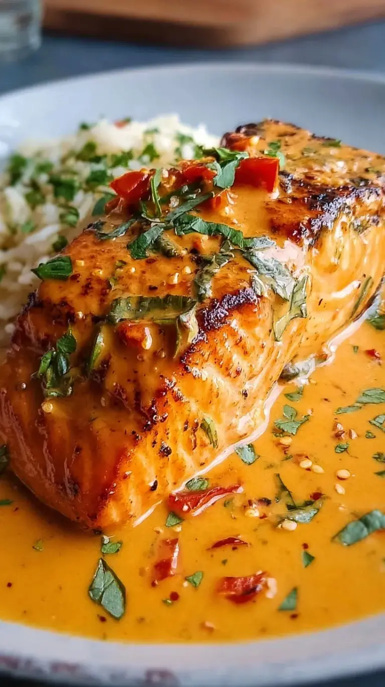 Pan-seared salmon fillets resting in a vibrant orange creamy red pepper sauce with green spinach.