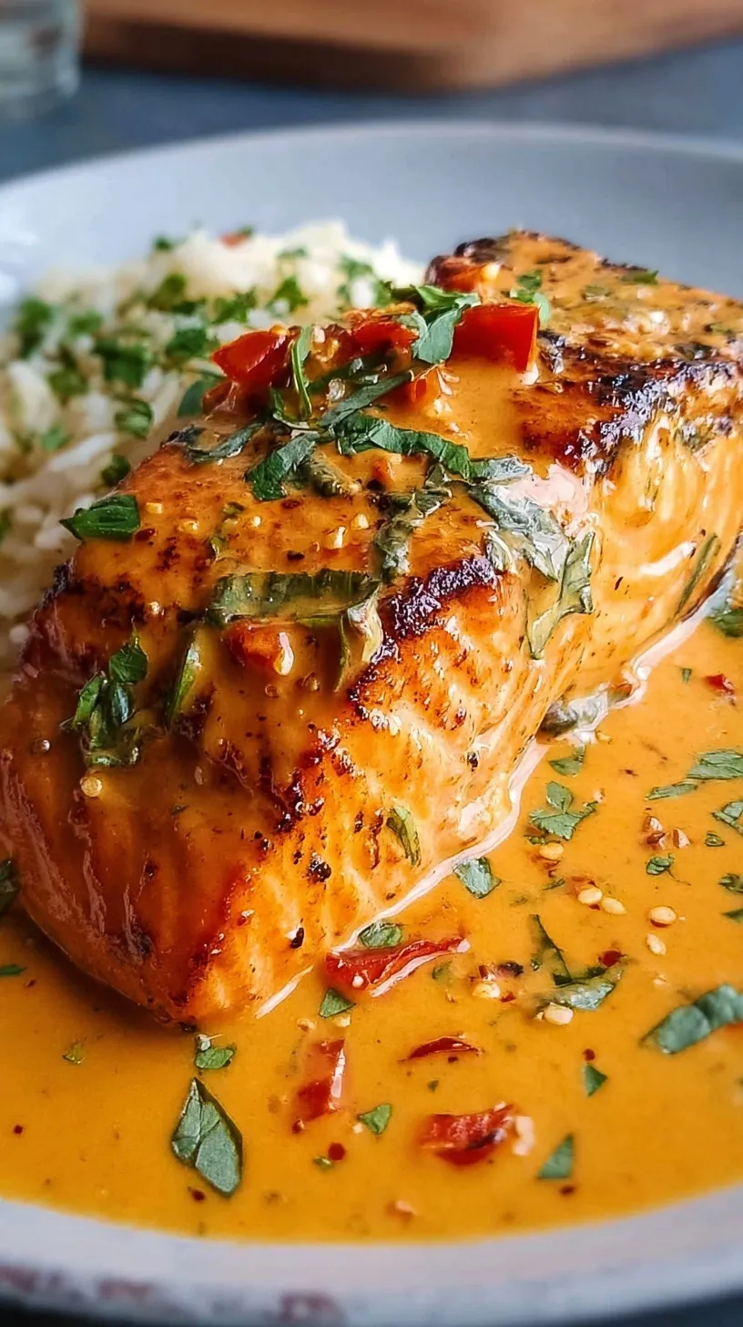 Pan-seared salmon fillets resting in a vibrant orange creamy red pepper sauce with green spinach.