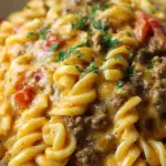 A bowl of creamy rotel pasta with ground beef and melted cheddar cheese