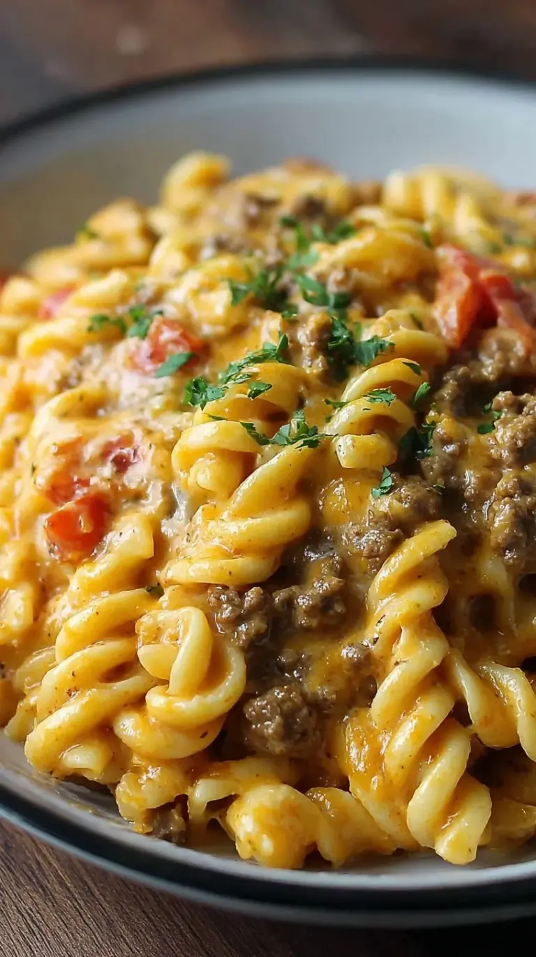 A bowl of creamy rotel pasta with ground beef and melted cheddar cheese