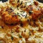 Golden pan-seared chicken thighs covered in a rich mushroom cream sauce served over white rice.