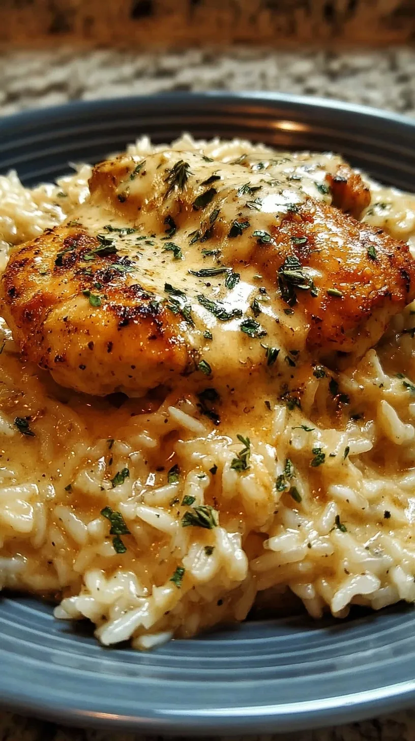 Golden pan-seared chicken thighs covered in a rich mushroom cream sauce served over white rice.