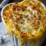 A golden, bubbly dish of Creamy Spaghetti Squash Au Gratin topped with melted Gruyère and Parmesan cheese.