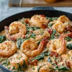 A skillet of creamy tuscan shrimp with sun-dried tomatoes and fresh spinach in a white cream sauce.