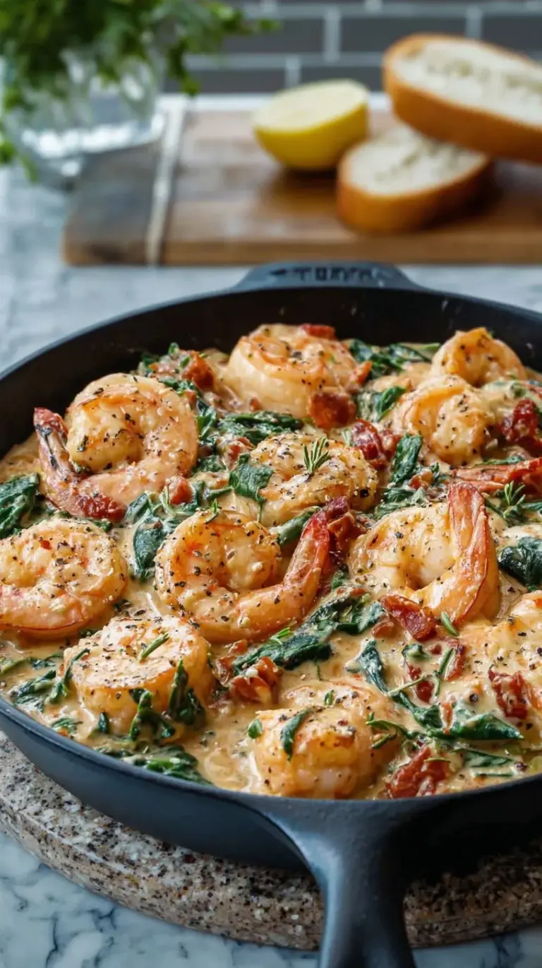 A skillet of creamy tuscan shrimp with sun-dried tomatoes and fresh spinach in a white cream sauce.