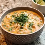 A white bowl filled with creamy white chicken chili topped with fresh cilantro and lime.