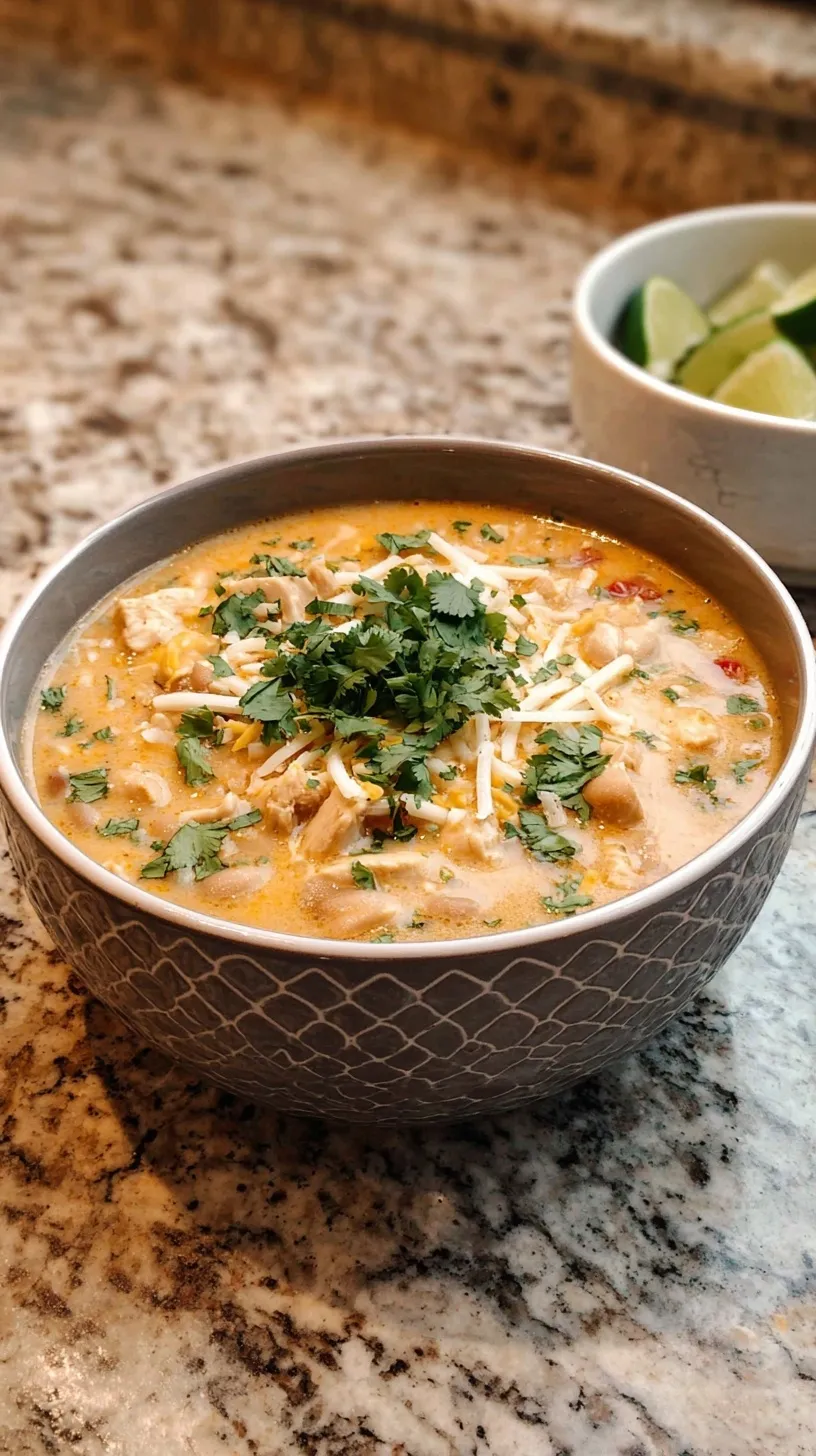 A white bowl filled with creamy white chicken chili topped with fresh cilantro and lime.