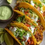 A row of crispy baked ground turkey tacos topped with melted Monterey Jack cheese and a drizzle of green avocado sauce.