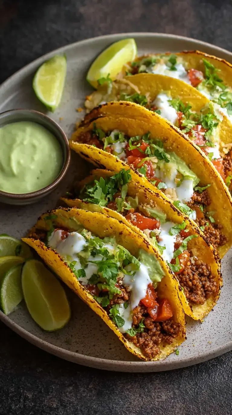 A row of crispy baked ground turkey tacos topped with melted Monterey Jack cheese and a drizzle of green avocado sauce.