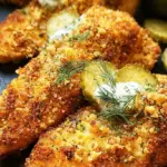Golden brown crispy dill pickle chicken cutlets on a wire rack with a side of pickles.