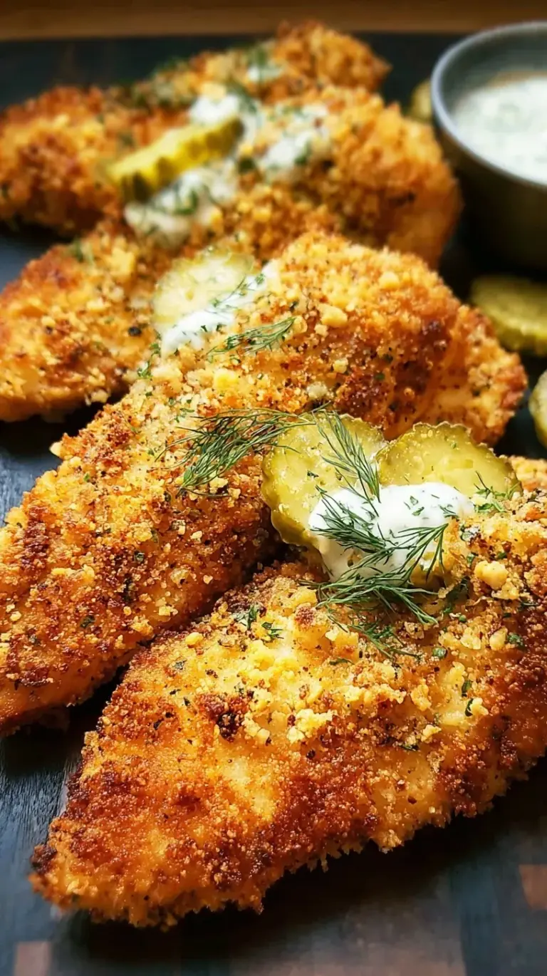 Golden brown crispy dill pickle chicken cutlets on a wire rack with a side of pickles.
