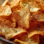 Golden brown crispy cottage cheese chips arranged on a baking sheet with herbs