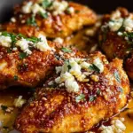 Golden brown crispy chicken cutlets topped with white crumbled feta and a shiny red pepper honey drizzle.