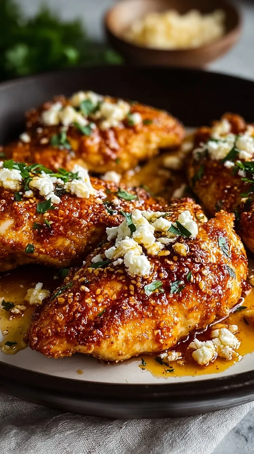 Golden brown crispy chicken cutlets topped with white crumbled feta and a shiny red pepper honey drizzle.