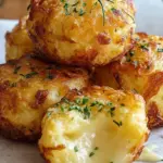 Golden brown crispy mashed potato cheese puffs on a plate with fresh chives