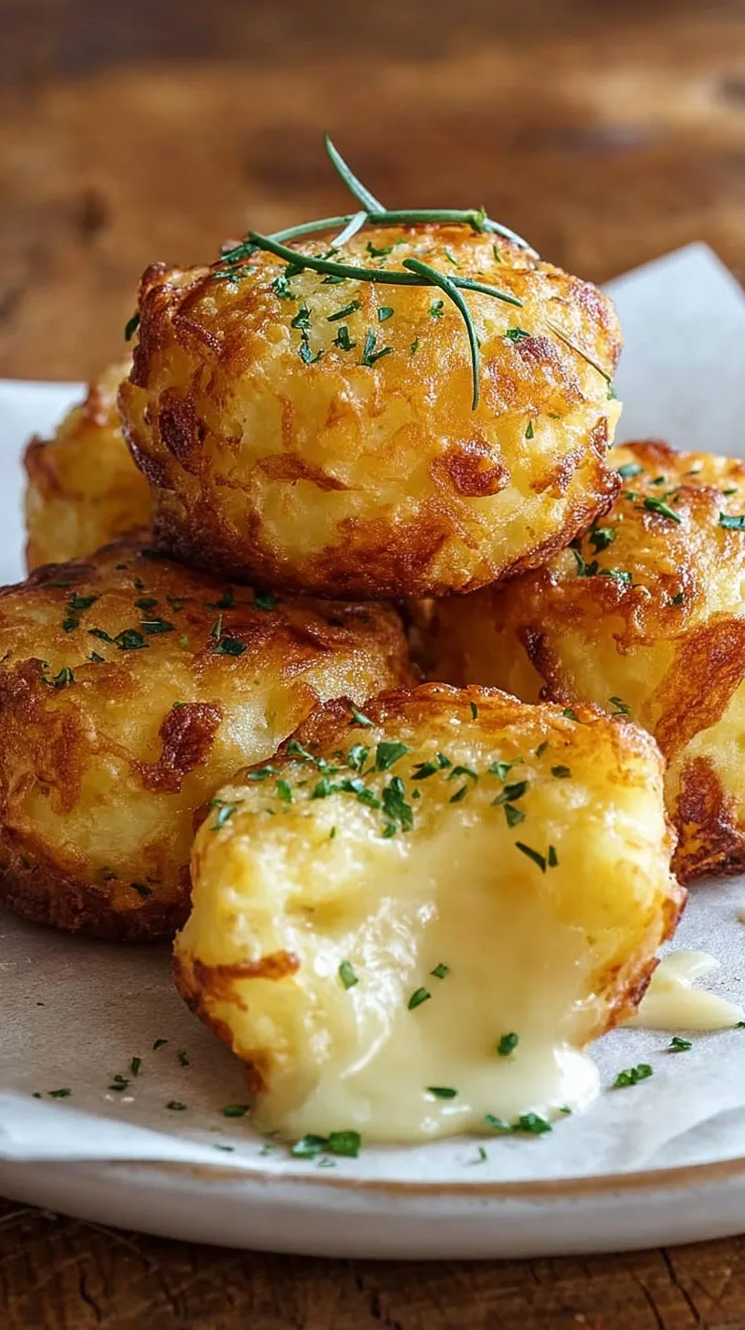 Golden brown crispy mashed potato cheese puffs on a plate with fresh chives