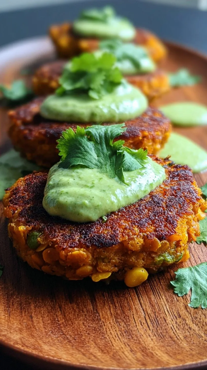 Golden brown sweet potato lentil patties stacked on a white plate with a drizzle of green avocado sauce.