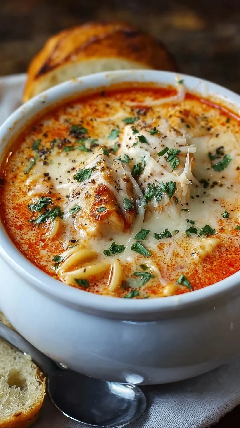 A bowl of creamy Crockpot Chicken Parmesan Soup topped with melted mozzarella and fresh basil