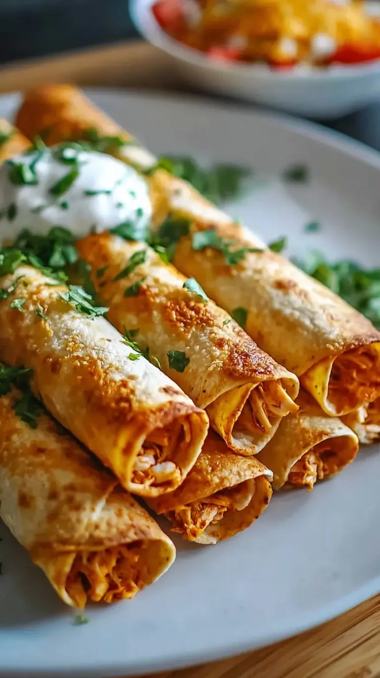 Golden brown baked chicken taquitos lined up on a baking sheet with salsa on the side