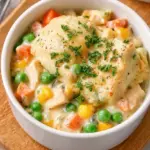 A creamy bowl of crustless chicken pot pie with peas, carrots, and shredded chicken