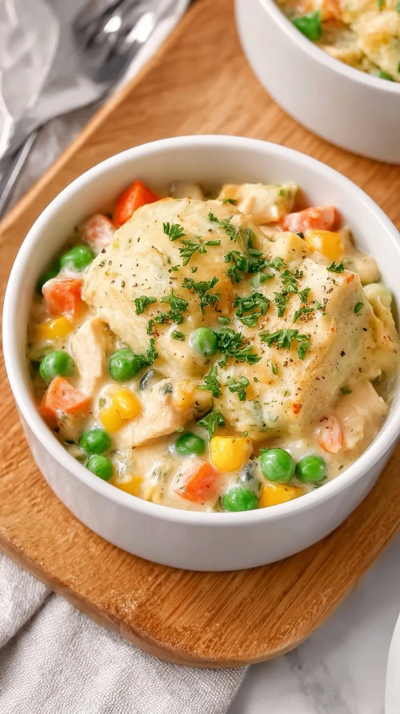 A creamy bowl of crustless chicken pot pie with peas, carrots, and shredded chicken