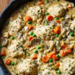 A creamy chicken pot pie skillet with peas, carrots, and shredded chicken garnished with fresh parsley.