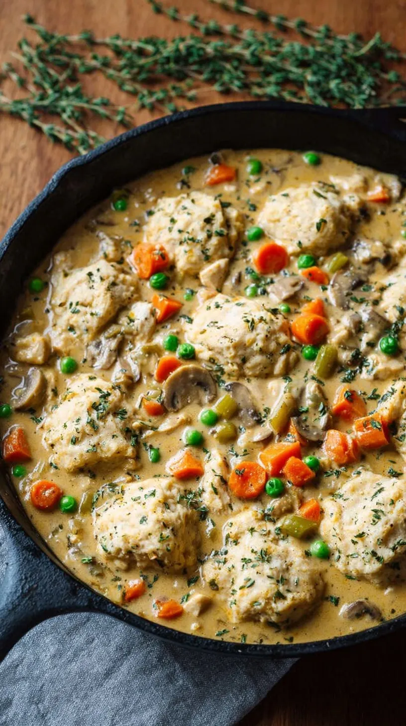 A creamy chicken pot pie skillet with peas, carrots, and shredded chicken garnished with fresh parsley.