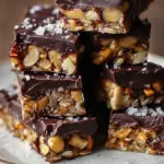 A tray of sliced dark chocolate and sea salt nut bars on parchment paper