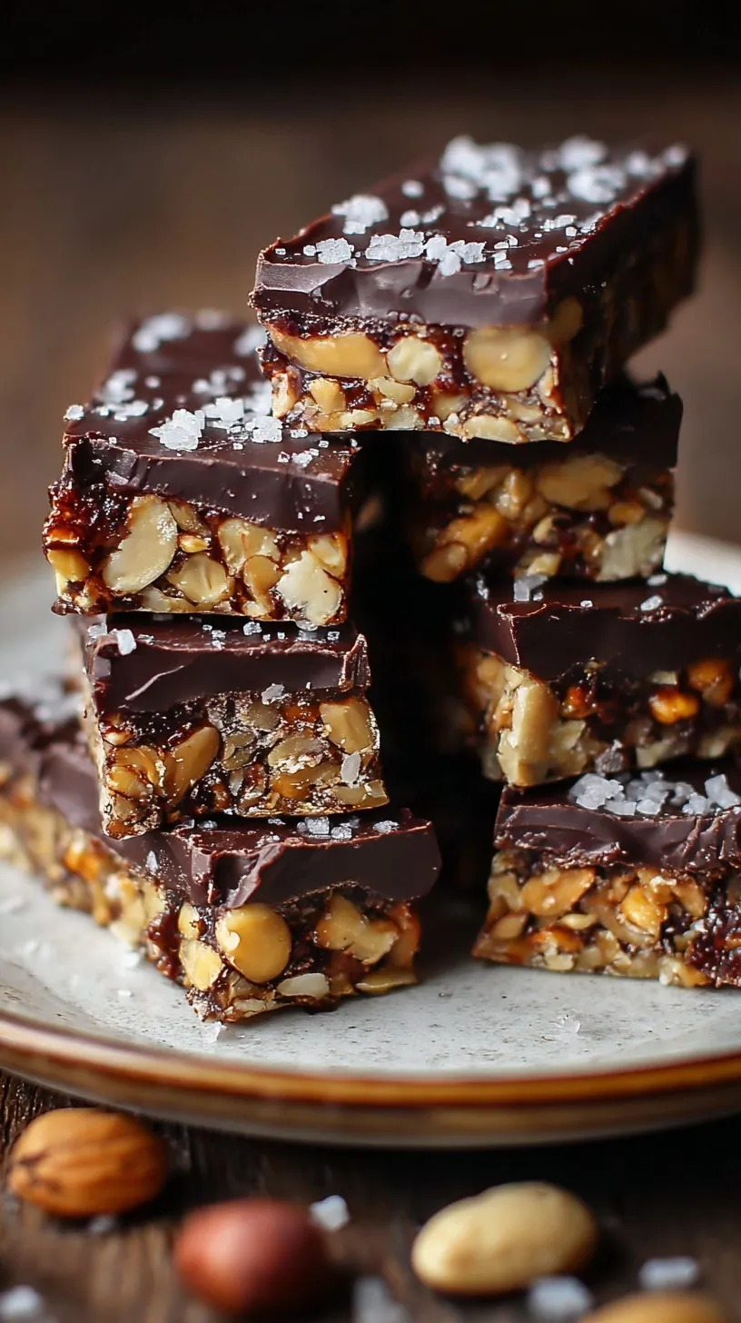A tray of sliced dark chocolate and sea salt nut bars on parchment paper