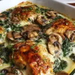 A 9x13 baking dish containing golden chicken breasts topped with green spinach, brown mushrooms, and bubbly melted mozzarella cheese.